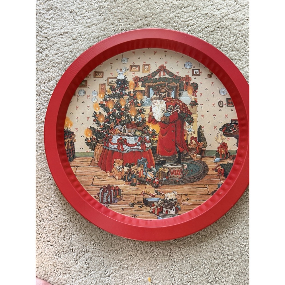 Vintage Collectible Christmas Serving Tray Santa Leaving Presents Round Tin EUC